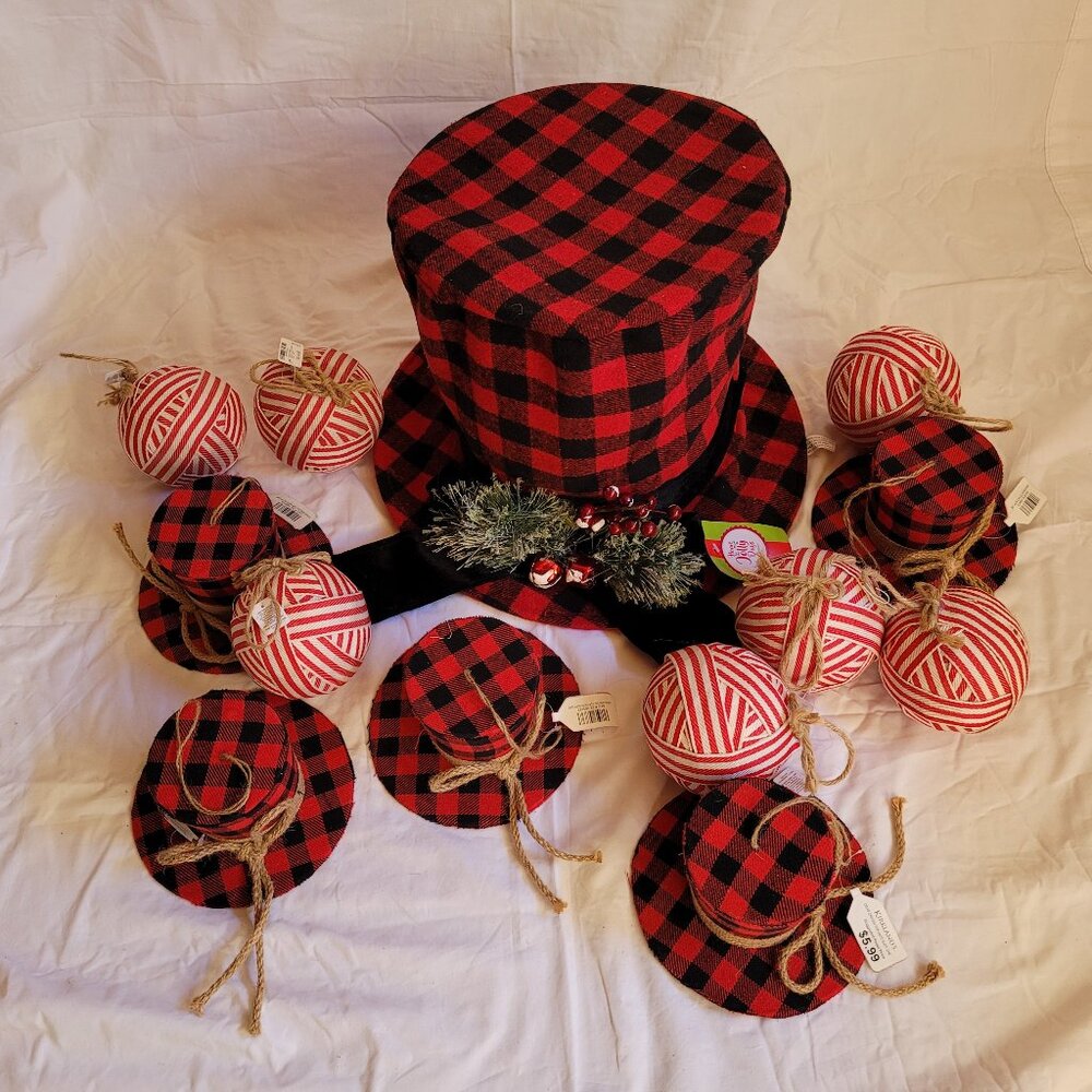 Kirkland's Red and Black Buffalo Check Tree Topper and 5 Matching Ornaments NWT